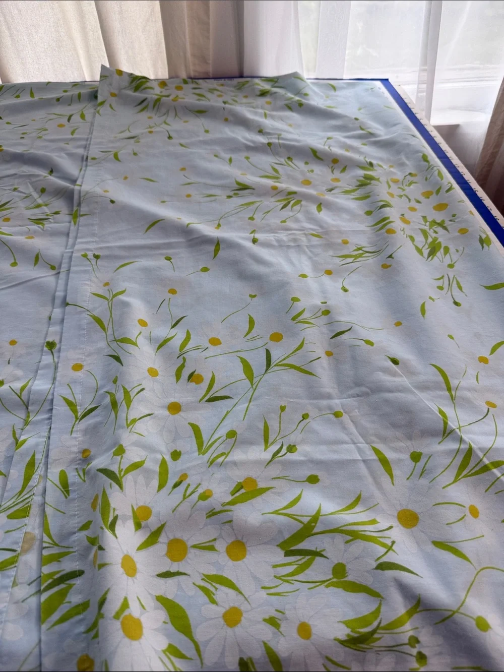 Vintage Morgan Jones Daisy Floral Flat Sheet Fabric 1970s Blue White No Iron